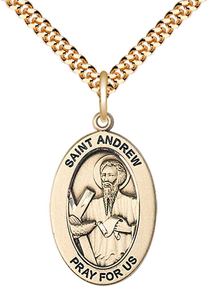 14kt Gold Filled Saint Andrew the Apostle Pendant on a 24 inch Gold Plate Heavy Curb chain