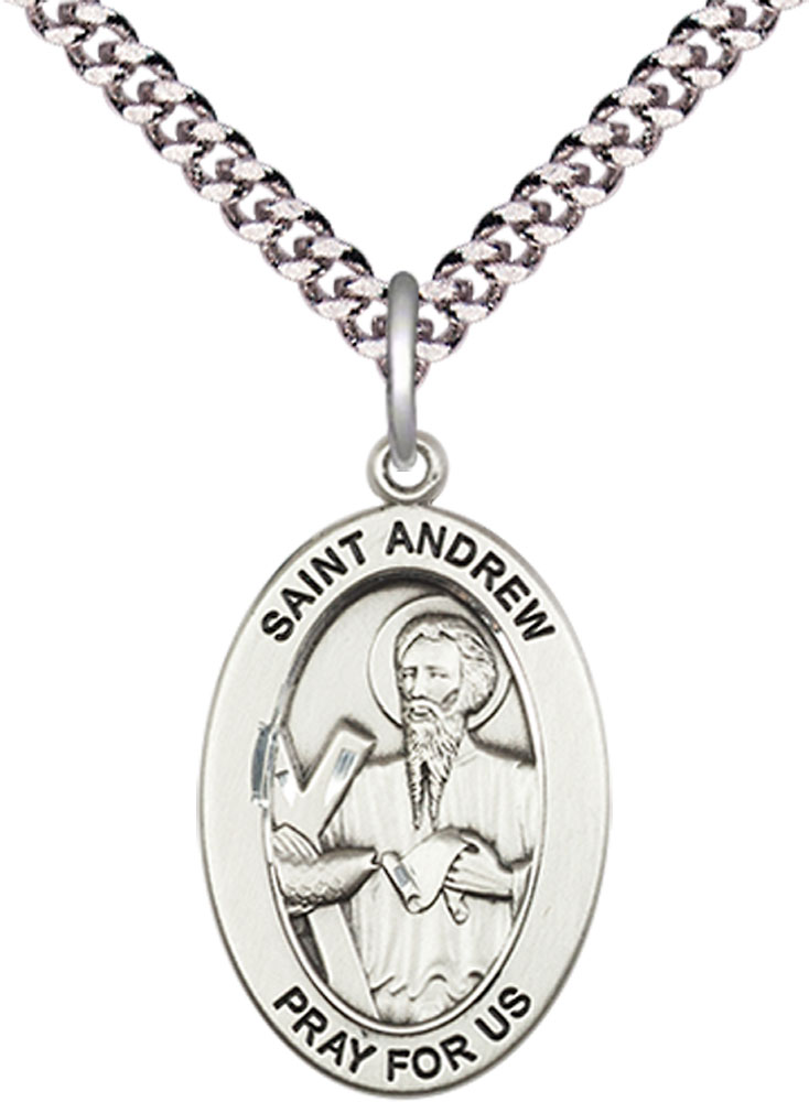 Sterling Silver Saint Andrew the Apostle Pendant on a 24 inch Light Rhodium Heavy Curb chain