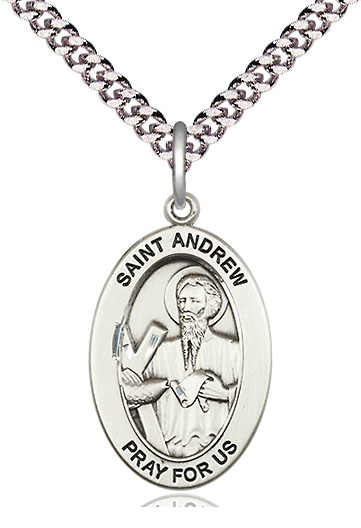 Sterling Silver Saint Andrew the Apostle Pendant on a 24 inch Light Rhodium Heavy Curb chain
