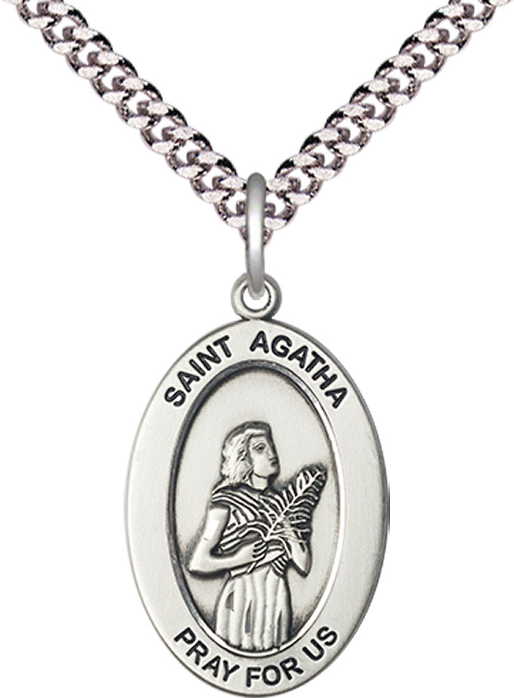 Sterling Silver Saint Agatha Pendant on a 24 inch Light Rhodium Heavy Curb chain