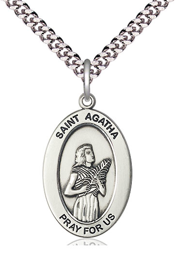 Sterling Silver Saint Agatha Pendant on a 24 inch Light Rhodium Heavy Curb chain