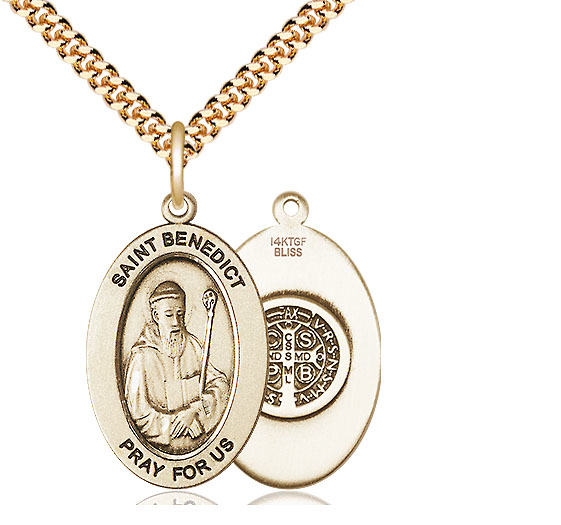 14kt Gold Filled Saint Benedict Pendant on a 24 inch Gold Plate Heavy Curb chain