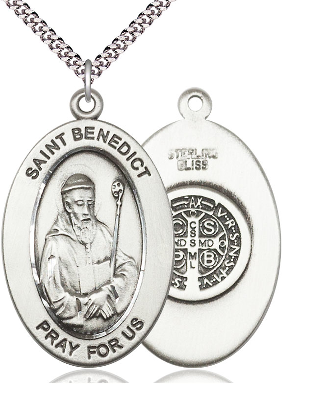 Sterling Silver Saint Benedict Pendant on a 24 inch Light Rhodium Heavy Curb chain