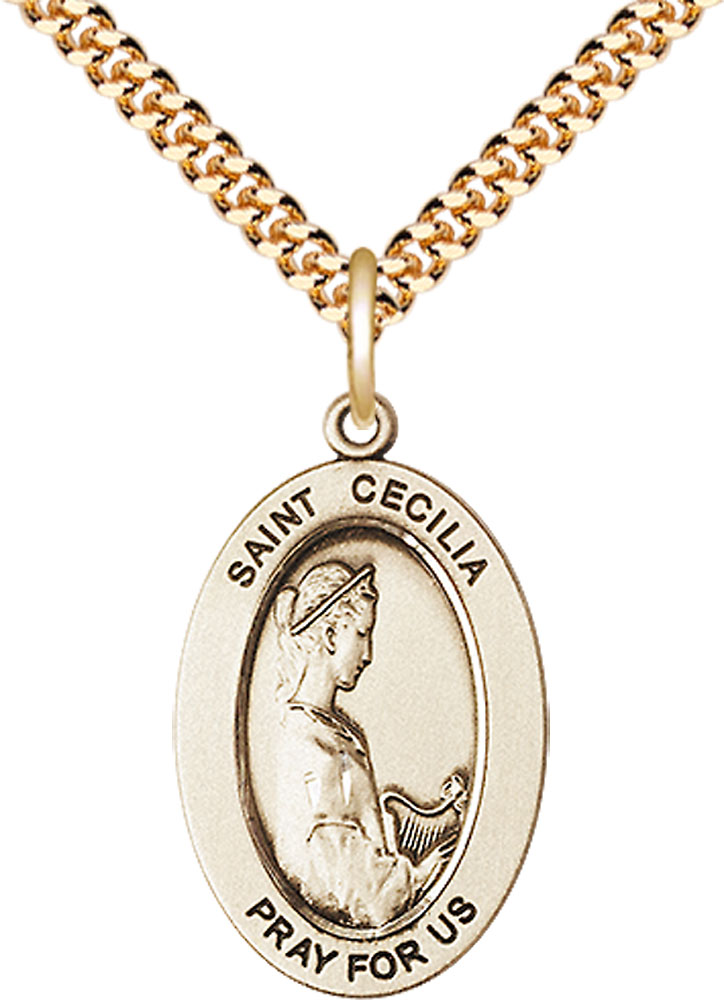 14kt Gold Filled Saint Cecilia Pendant on a 24 inch Gold Plate Heavy Curb chain