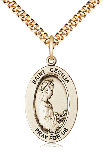 14kt Gold Filled Saint Cecilia Pendant on a 24 inch Gold Plate Heavy Curb chain