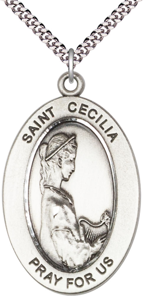 Sterling Silver Saint Cecilia Pendant on a 24 inch Light Rhodium Heavy Curb chain