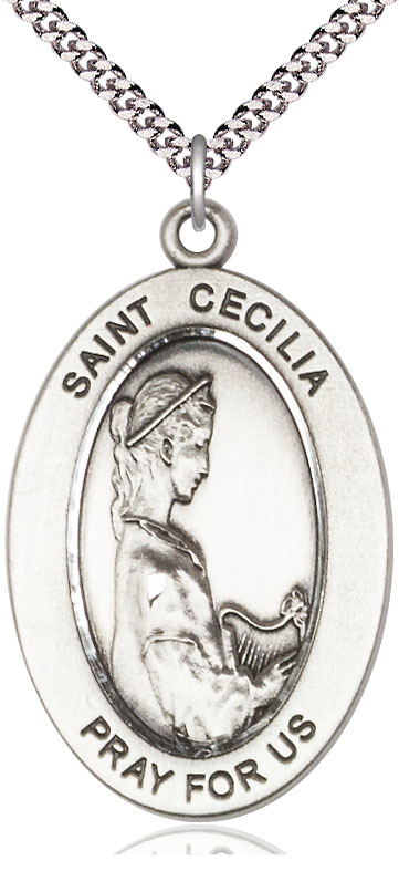 Sterling Silver Saint Cecilia Pendant on a 24 inch Light Rhodium Heavy Curb chain