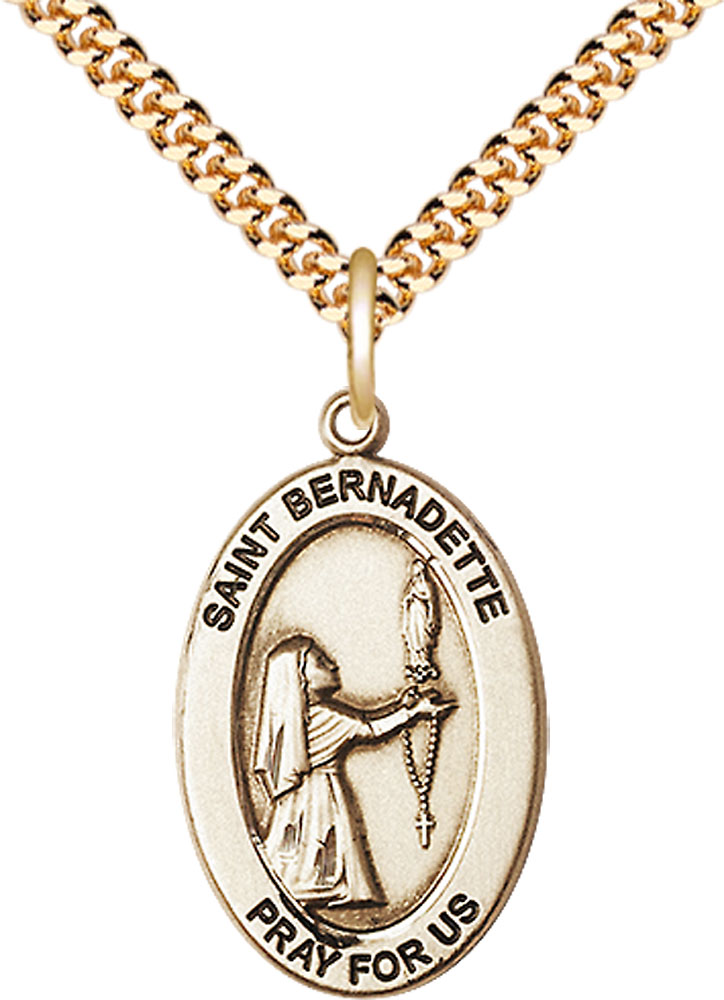 14kt Gold Filled Saint Bernadette Pendant on a 24 inch Gold Plate Heavy Curb chain