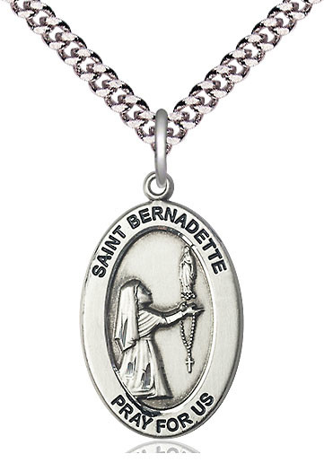 Sterling Silver Saint Bernadette Pendant on a 24 inch Light Rhodium Heavy Curb chain
