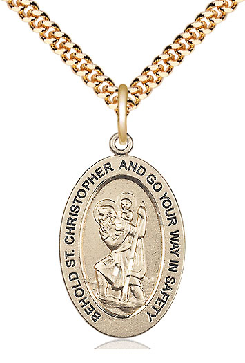 14kt Gold Filled Saint Christopher Pendant on a 24 inch Gold Plate Heavy Curb chain