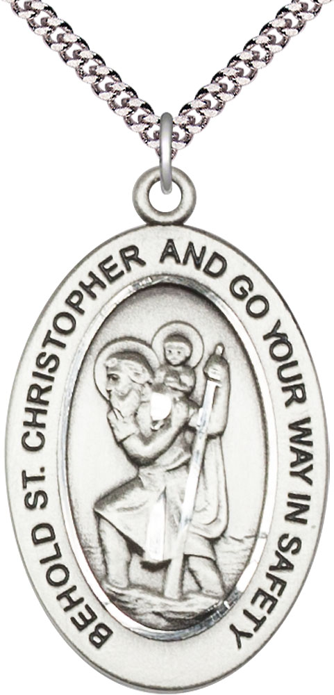 Sterling Silver Saint Christopher Pendant on a 24 inch Light Rhodium Heavy Curb chain