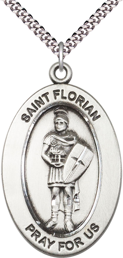Sterling Silver Saint Florian Pendant on a 24 inch Light Rhodium Heavy Curb chain
