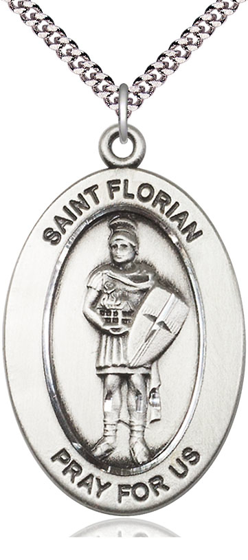 Sterling Silver Saint Florian Pendant on a 24 inch Light Rhodium Heavy Curb chain