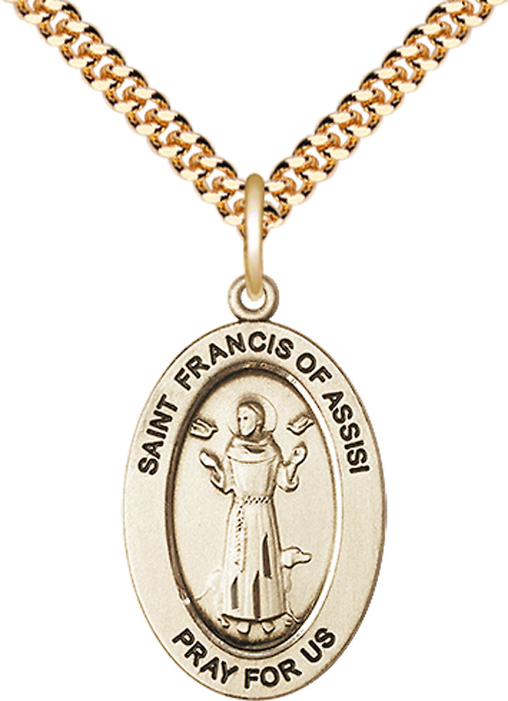 14kt Gold Filled Saint Francis of Assisi Pendant on a 24 inch Gold Plate Heavy Curb chain