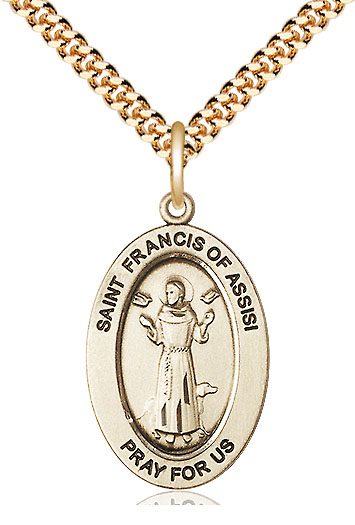 14kt Gold Filled Saint Francis of Assisi Pendant on a 24 inch Gold Plate Heavy Curb chain