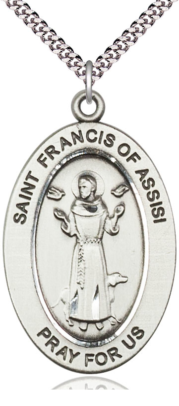 Sterling Silver Saint Francis of Assisi Pendant on a 24 inch Light Rhodium Heavy Curb chain
