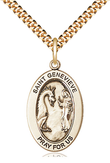 14kt Gold Filled Saint Genevieve Pendant on a 24 inch Gold Plate Heavy Curb chain