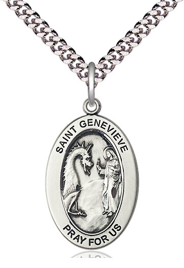 Sterling Silver Saint Genevieve Pendant on a 24 inch Light Rhodium Heavy Curb chain