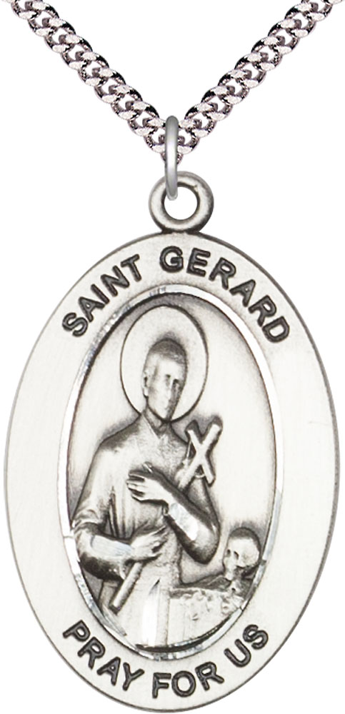 Sterling Silver Saint Gerard Majella Pendant on a 24 inch Light Rhodium Heavy Curb chain