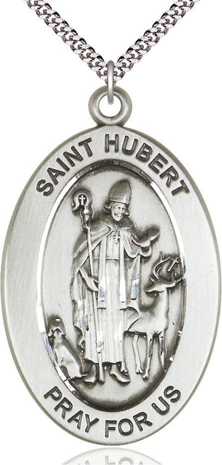 Sterling Silver Saint Hubert of Liege Pendant on a 24 inch Light Rhodium Heavy Curb chain