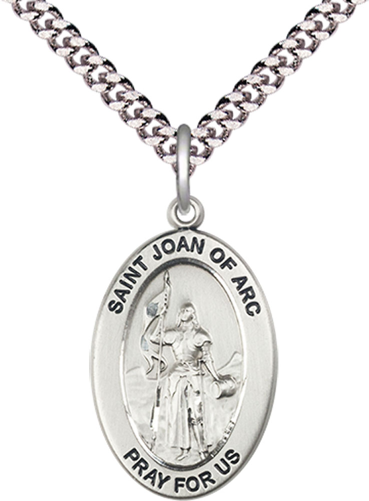 Sterling Silver Saint Joan of Arc Pendant on a 24 inch Light Rhodium Heavy Curb chain