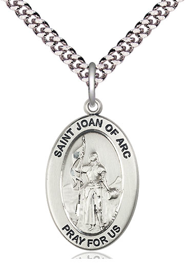 Sterling Silver Saint Joan of Arc Pendant on a 24 inch Light Rhodium Heavy Curb chain