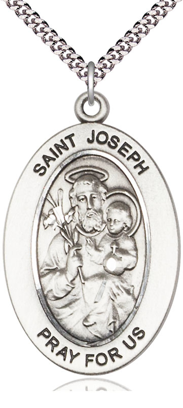 Sterling Silver Saint Joseph Pendant on a 24 inch Light Rhodium Heavy Curb chain