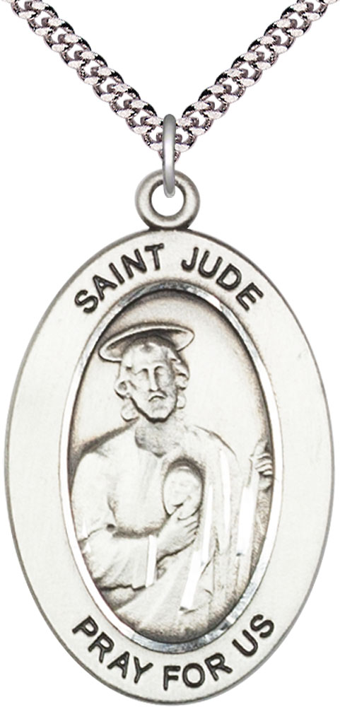Sterling Silver Saint Jude Thaddeus Pendant on a 24 inch Light Rhodium Heavy Curb chain