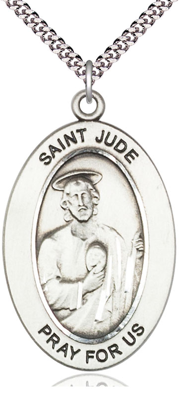 Sterling Silver Saint Jude Thaddeus Pendant on a 24 inch Light Rhodium Heavy Curb chain