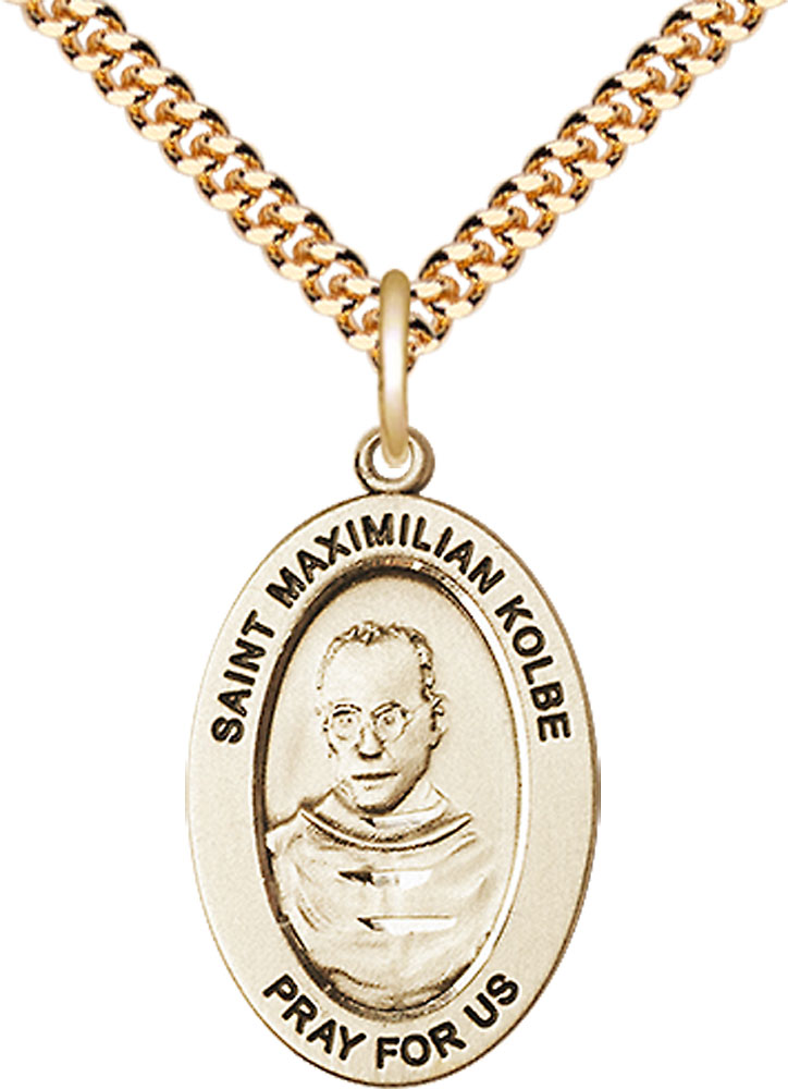 14kt Gold Filled Saint Maximilian Kolbe Pendant on a 24 inch Gold Plate Heavy Curb chain