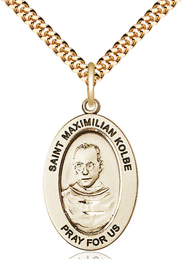 14kt Gold Filled Saint Maximilian Kolbe Pendant on a 24 inch Gold Plate Heavy Curb chain