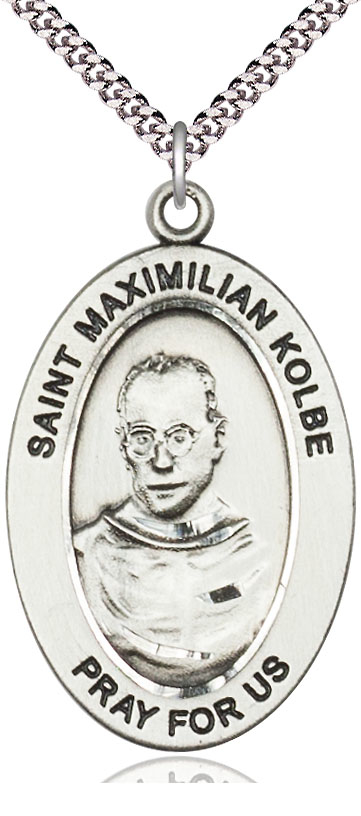 Sterling Silver Saint Maximilian Kolbe Pendant on a 24 inch Light Rhodium Heavy Curb chain