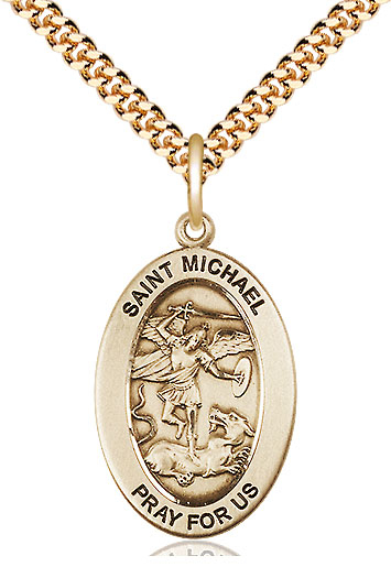 14kt Gold Filled Saint Michael the Archangel Pendant on a 24 inch Gold Plate Heavy Curb chain