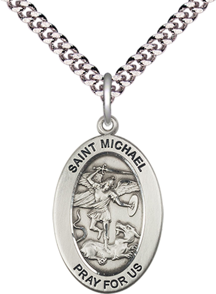Sterling Silver Saint Michael the Archangel Pendant on a 24 inch Light Rhodium Heavy Curb chain