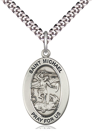 Sterling Silver Saint Michael the Archangel Pendant on a 24 inch Light Rhodium Heavy Curb chain