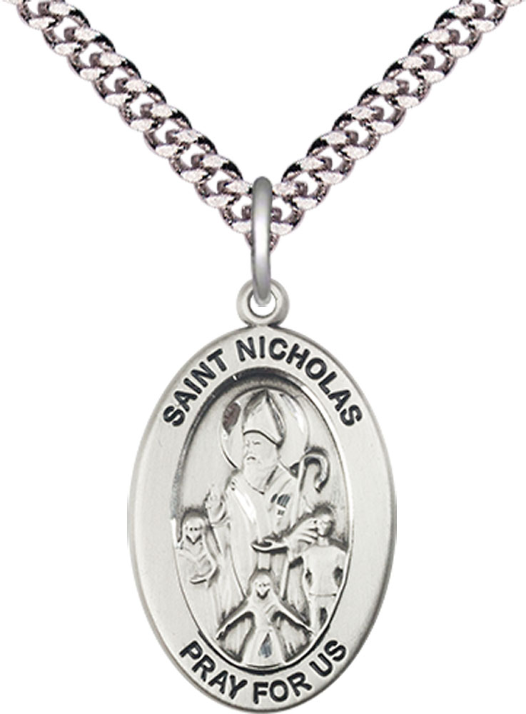 Sterling Silver Saint Nicholas Pendant on a 24 inch Light Rhodium Heavy Curb chain