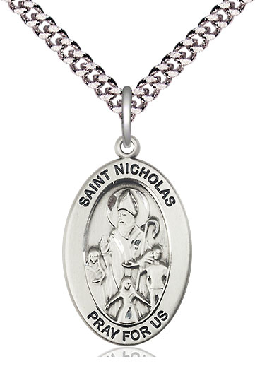 Sterling Silver Saint Nicholas Pendant on a 24 inch Light Rhodium Heavy Curb chain