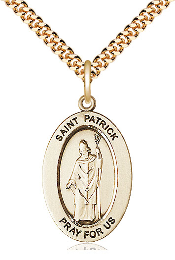 14kt Gold Filled Saint Patrick Pendant on a 24 inch Gold Plate Heavy Curb chain
