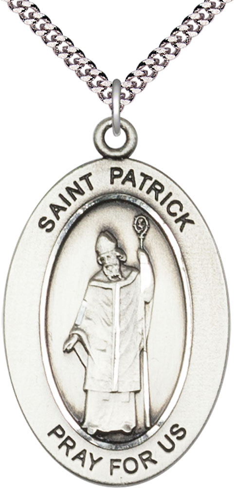 Sterling Silver Saint Patrick Pendant on a 24 inch Light Rhodium Heavy Curb chain
