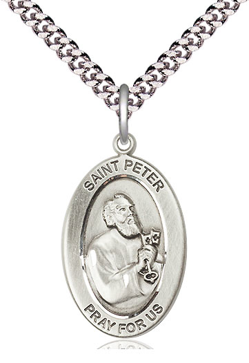 Sterling Silver Saint Peter the Apostle Pendant on a 24 inch Light Rhodium Heavy Curb chain