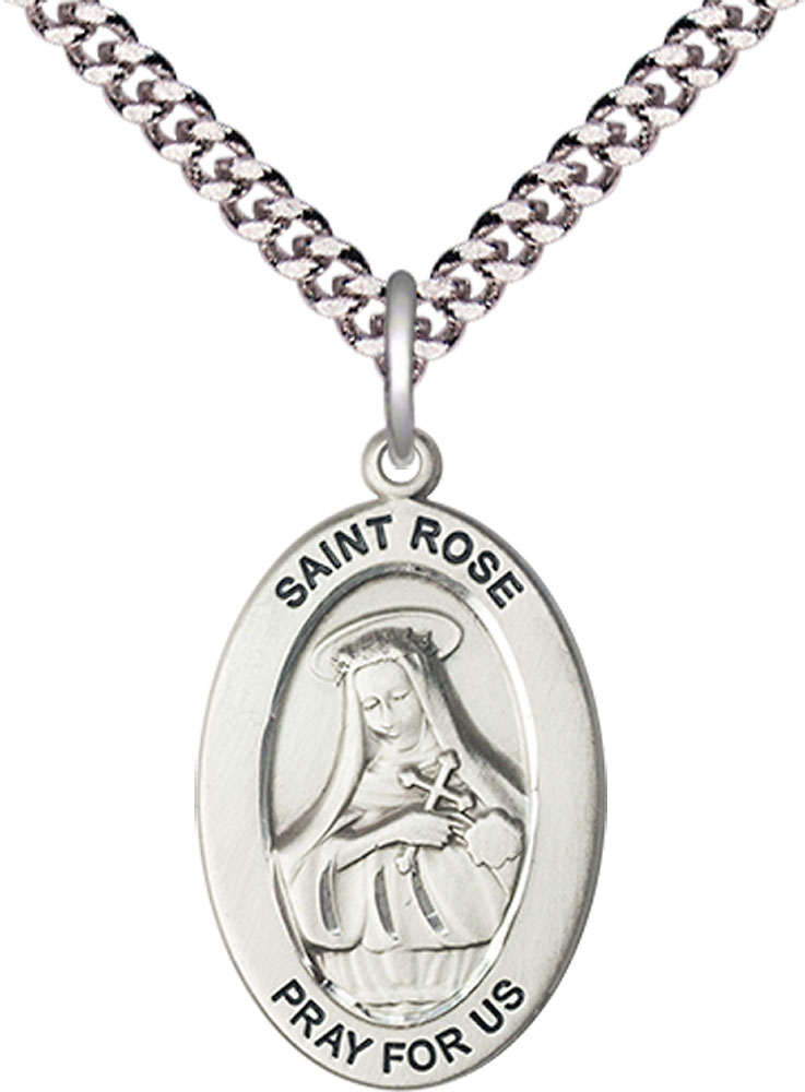 Sterling Silver Saint Rose of Lima Pendant on a 24 inch Light Rhodium Heavy Curb chain