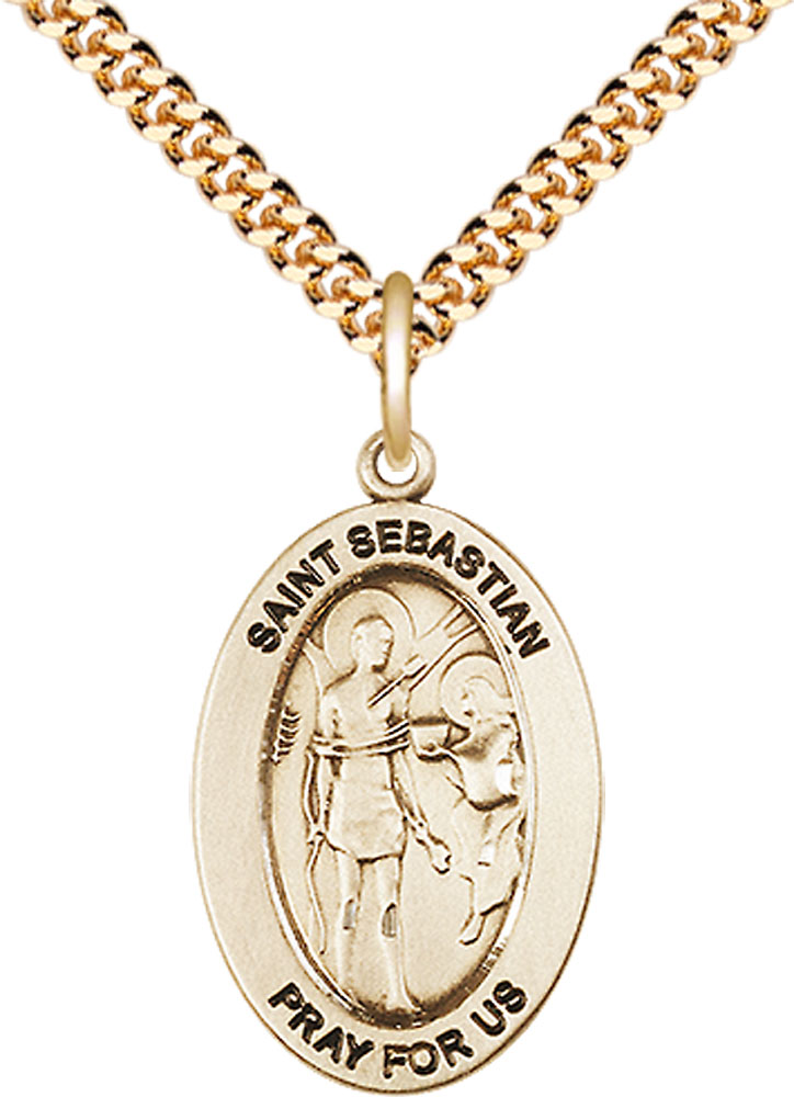 14kt Gold Filled Saint Sebastian Pendant on a 24 inch Gold Plate Heavy Curb chain