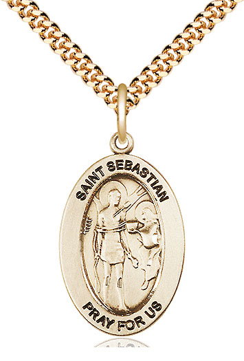 14kt Gold Filled Saint Sebastian Pendant on a 24 inch Gold Plate Heavy Curb chain