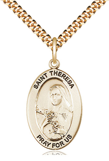 14kt Gold Filled Saint Theresa Pendant on a 24 inch Gold Plate Heavy Curb chain