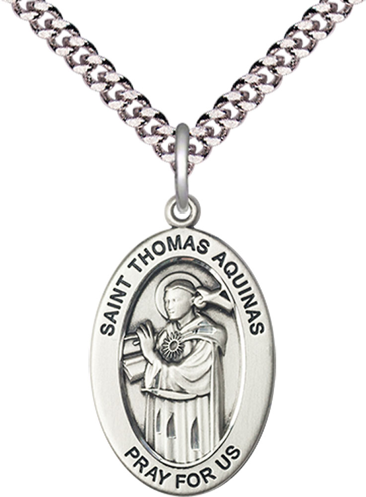 Sterling Silver Saint Thomas Aquinas Pendant on a 24 inch Light Rhodium Heavy Curb chain