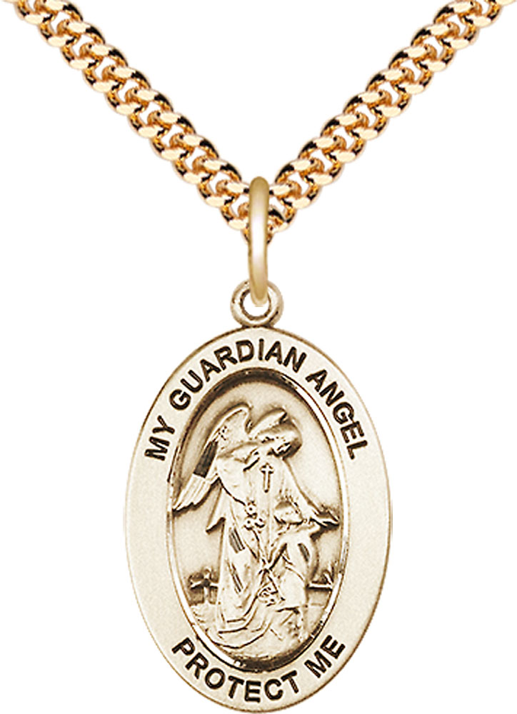 14kt Gold Filled Guardian Angel w/Child Pendant on a 24 inch Gold Plate Heavy Curb chain