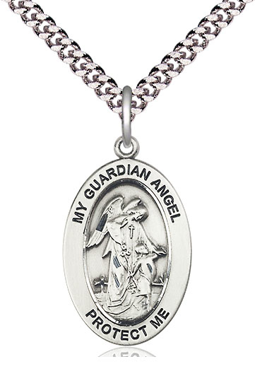 Sterling Silver Guardian Angel w/Child Pendant on a 24 inch Light Rhodium Heavy Curb chain