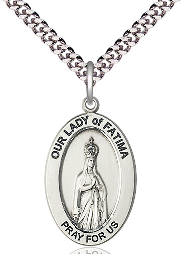 Sterling Silver Our Lady of Fatima Pendant on a 24 inch Light Rhodium Heavy Curb chain