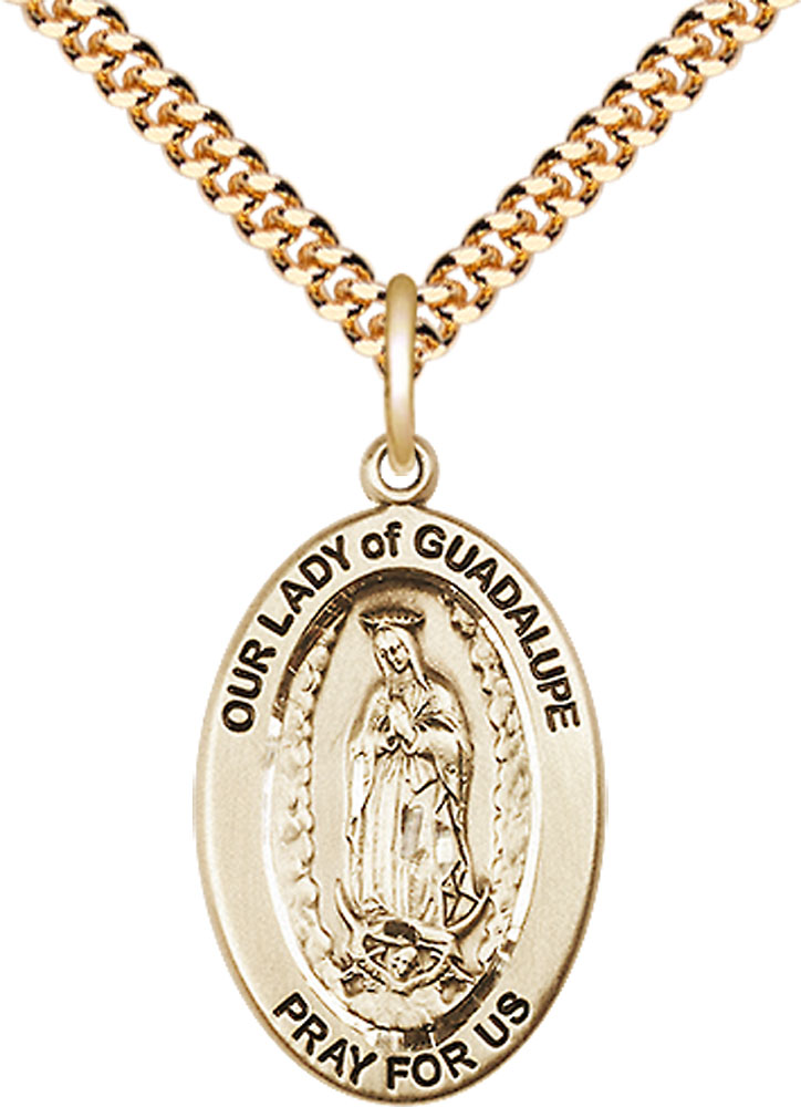 14kt Gold Filled Our Lady of Guadalupe Pendant on a 24 inch Gold Plate Heavy Curb chain