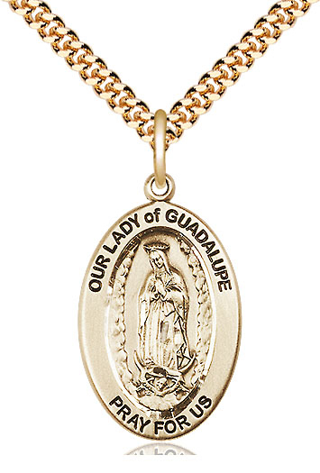 14kt Gold Filled Our Lady of Guadalupe Pendant on a 24 inch Gold Plate Heavy Curb chain